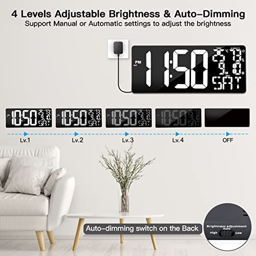 Xflyee 18 Inch Oversized Digital Wall Clock with Remote Control, Auto-Dimming, Temperature, Date/Day of Week, Large Display, Multi-Functional, White - Image 3