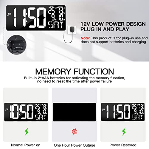 Xflyee 18 Inch Oversized Digital Wall Clock with Remote Control, Auto-Dimming, Temperature, Date/Day of Week, Large Display, Multi-Functional, White - Image 5