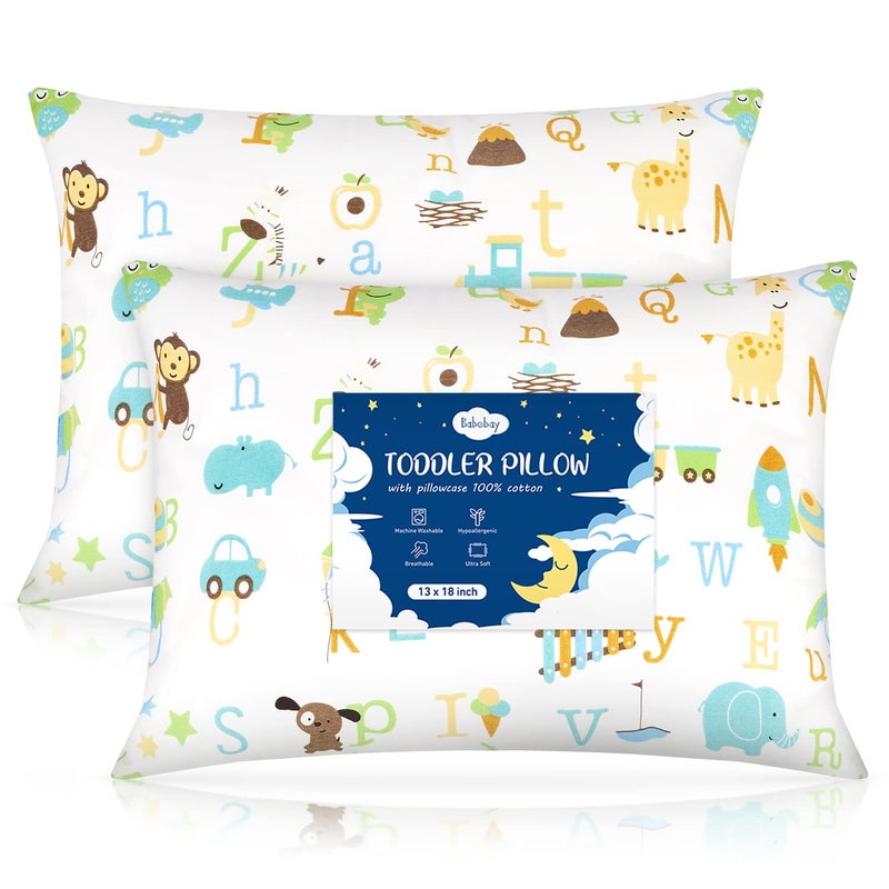 Babebay Toddler Pillow13 x 18 Kid Pillows for Sleeping Machine Washable Kids Pillow with Soft Cotton Pillowcase Perfect for Travel Toddlers Cot Animal Letters