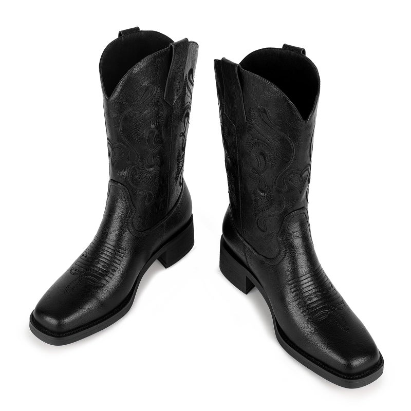 ISNOM Black Cowgirl Cowboy Boots for Women Square Toe Black Womens Mid Calf Low Heel Western Boots Wide Calf Cowboy Cowgirl Short Heeled Boot Size 8 - Image 4