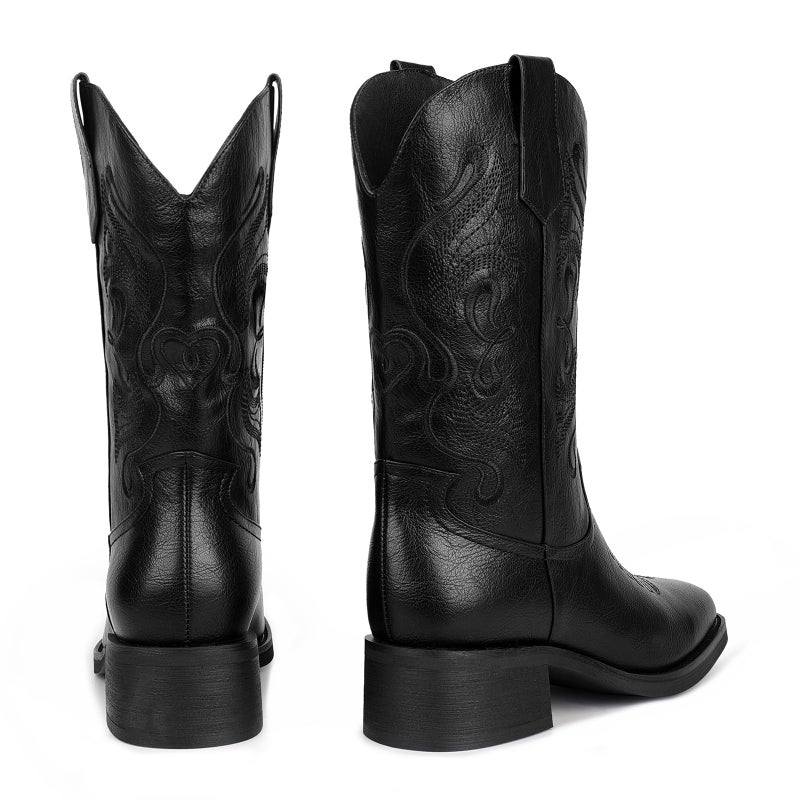 ISNOM Black Cowgirl Cowboy Boots for Women Square Toe Black Womens Mid Calf Low Heel Western Boots Wide Calf Cowboy Cowgirl Short Heeled Boot Size 8 - Image 5