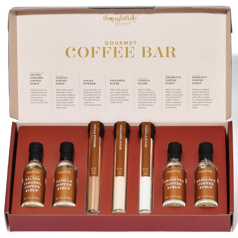 Thoughtfully Gourmet, Coffee Bar Gift Set, Includes 4 Delicious Syrups, 2 Flavored Sugars and 1 Cocoa Powder to Elevate Your Coffee, Set of 7 - Image 1