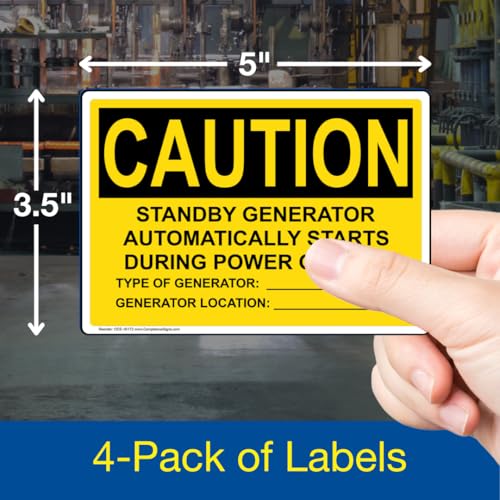 ComplianceSigns.com علامة تحذير مولد الطوارئ يبدأ تلقائيًا ملصق OSHA، 5x3.5 بوصة 4-قطعة من الفينيل للكهرباء - Image 2