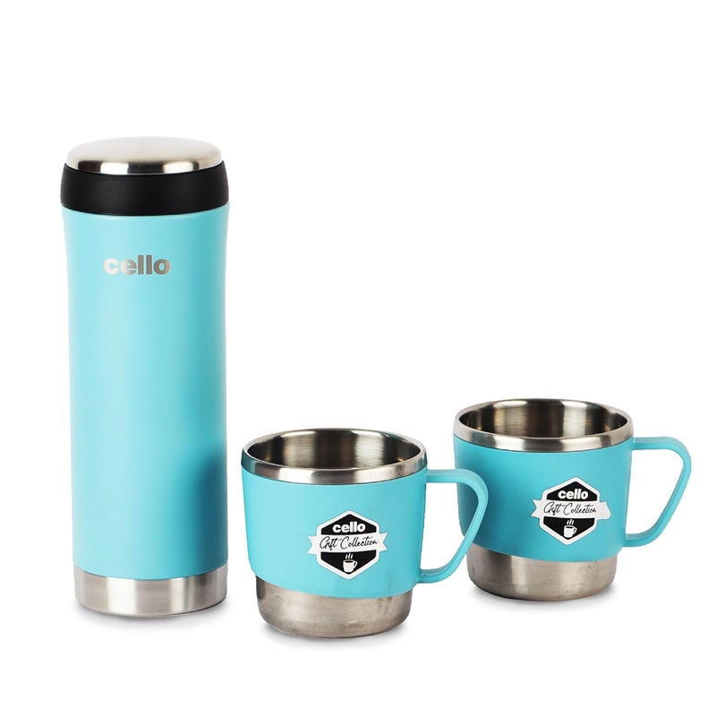 Cello Cello My Cup Vacusteel Flask with Mugs Gift Set | Leak-Proof Design & Rust-Resistant Flask | Ideal for Coffee, Tea, Hot Chocolate, or Iced Beverages | 3 Unit, Blue - Image 1