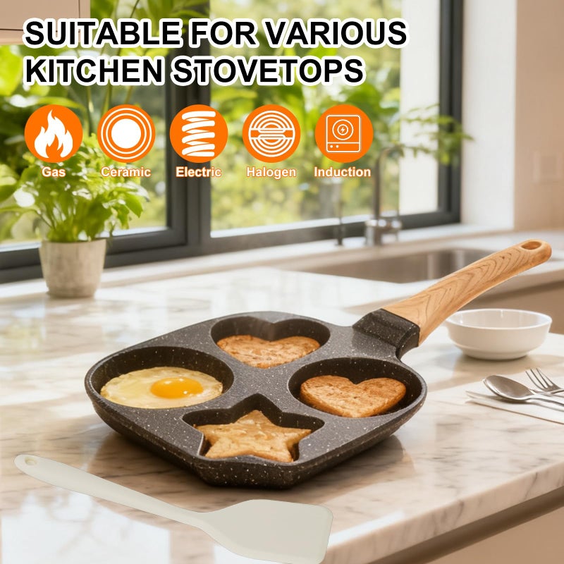 COUEMT Nonstick 4-Cup Divided Grill Skillet,Equipped with a silicone spatula, Healthy Granite Egg Frying Pan with Anti-scald Handle, Breakfast Skillet for Eggs, Pancakes, Bacon (Black) - Image 3