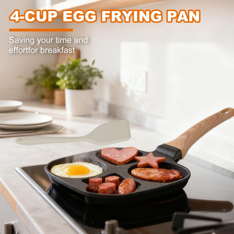 COUEMT Nonstick 4-Cup Divided Grill Skillet,Equipped with a silicone spatula, Healthy Granite Egg Frying Pan with Anti-scald Handle, Breakfast Skillet for Eggs, Pancakes, Bacon (Black) - Image 2