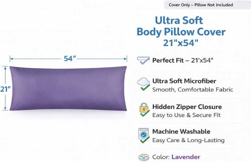 EVOLIVE New Soft Brushed Premium Microfiber Body Pillow Cover 21"x54" Pillowcases with Zipper Closure Set of 2 (Body Pillow Cover 21"x54" Pack of 2, Lavender) - Image 2