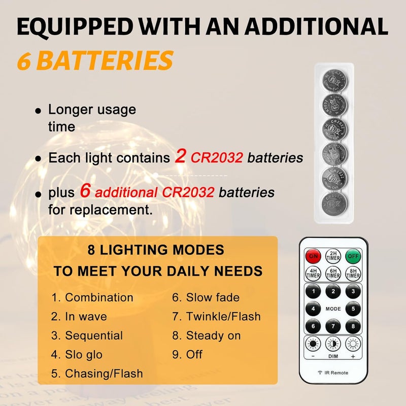 SINAMER 6PCS Fairy Lights Battery Powered with Remote, 7ft 20LEDs Warm White Twinkle Mini Lights with Timer, Waterproof Small Silver Wire Firefly Starry for DIY Wedding Party Christmas - Image 2
