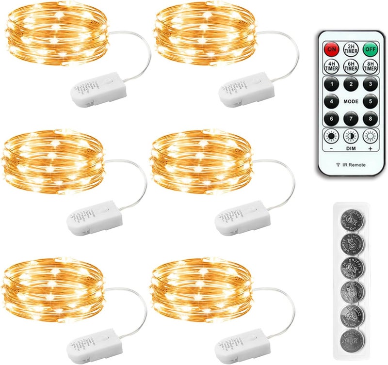 SINAMER 6PCS Fairy Lights Battery Powered with Remote, 7ft 20LEDs Warm White Twinkle Mini Lights with Timer, Waterproof Small Silver Wire Firefly Starry for DIY Wedding Party Christmas - Image 1