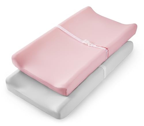 TILLYOU Changing Pad Cover Set in Soft Jersey Material Diaper Changing Pad Cover Girl - Fits 32"/34''x16 Contoured Pad for Babies,Peachy Pink & Lt Gray - Image 1