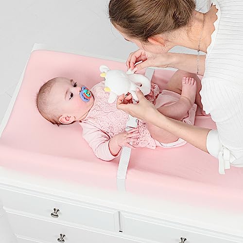 TILLYOU Changing Pad Cover Set in Soft Jersey Material Diaper Changing Pad Cover Girl - Fits 32"/34''x16 Contoured Pad for Babies,Peachy Pink & Lt Gray - Image 3