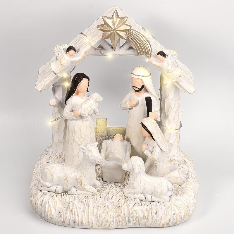EBINGMIMA Nativity Set with LED Lights, Nativity Sets for Christmas Indoor, Resin Nativity Scene Indoor with Manger, Christmas Nativity Sets & Figures for Table Chrismas Indoor Decoration - Image 1