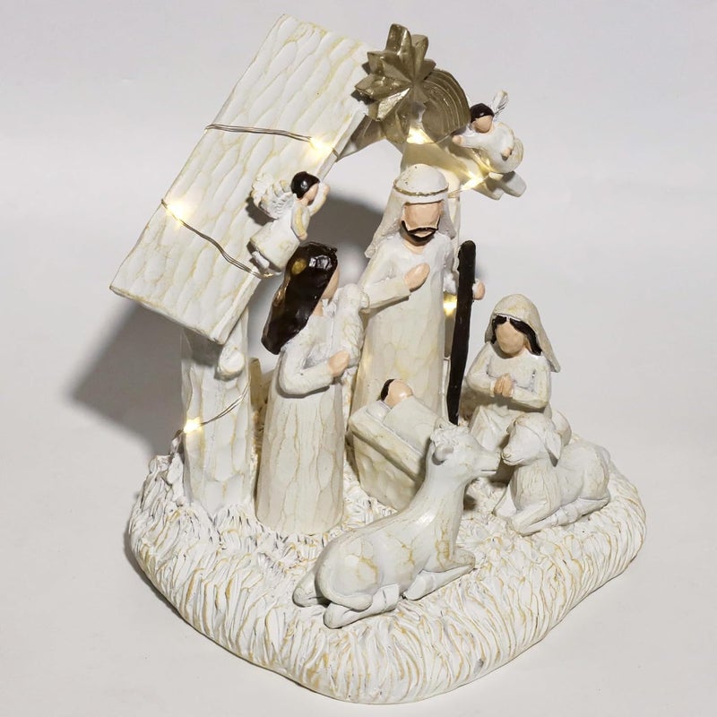 EBINGMIMA Nativity Set with LED Lights, Nativity Sets for Christmas Indoor, Resin Nativity Scene Indoor with Manger, Christmas Nativity Sets & Figures for Table Chrismas Indoor Decoration - Image 2
