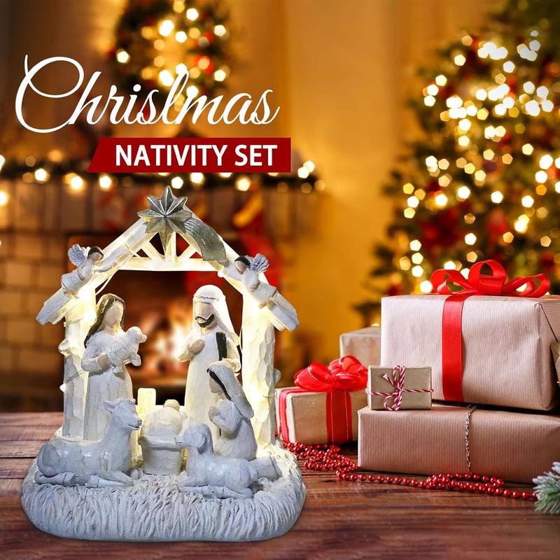 EBINGMIMA Nativity Set with LED Lights, Nativity Sets for Christmas Indoor, Resin Nativity Scene Indoor with Manger, Christmas Nativity Sets & Figures for Table Chrismas Indoor Decoration - Image 5