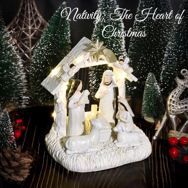 EBINGMIMA Nativity Set with LED Lights, Nativity Sets for Christmas Indoor, Resin Nativity Scene Indoor with Manger, Christmas Nativity Sets & Figures for Table Chrismas Indoor Decoration - Image 4