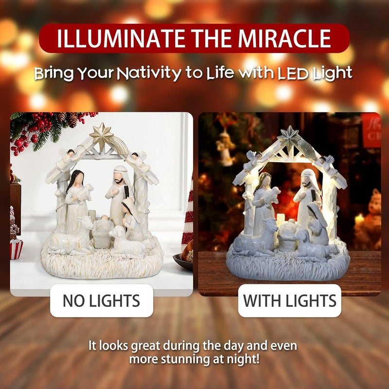 EBINGMIMA Nativity Set with LED Lights, Nativity Sets for Christmas Indoor, Resin Nativity Scene Indoor with Manger, Christmas Nativity Sets & Figures for Table Chrismas Indoor Decoration - Image 3