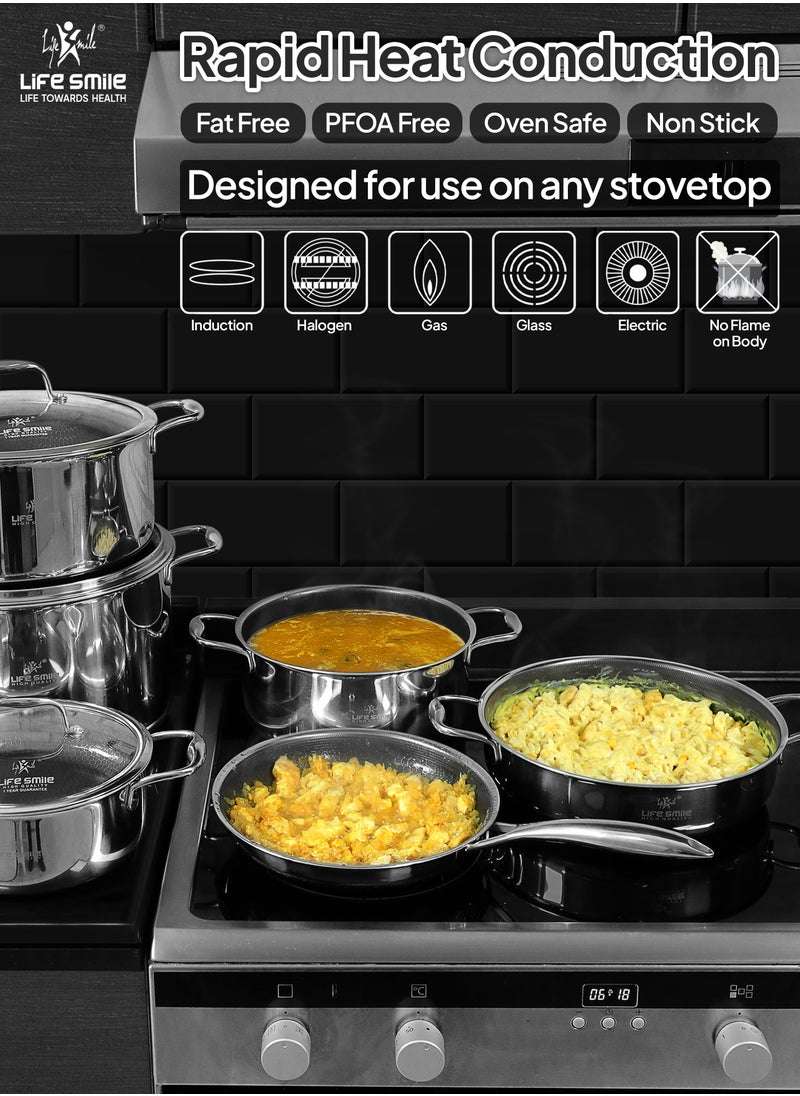 Life Smile LIFE SMILE Hybrid Non Stick Pure 18/10 Stainless Steel Cookware Set - Cooking Set 12-Piece Honeycomb Ultra Non Stick Coating Cookwares, 100% PFOA Steel Pots, PTFE and PFAS Free, Oven Safe Cooking Pots, Induction Base Pots and Pans Set  - Image 2