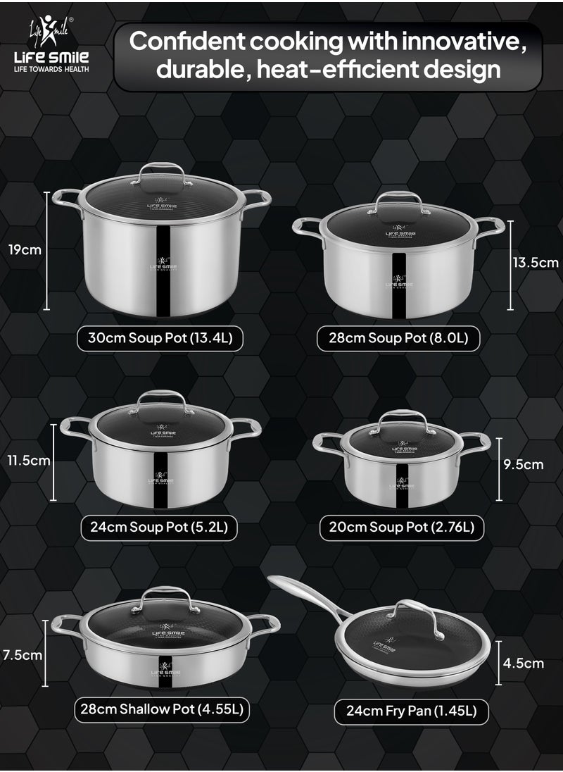 LIFE SMILE Hybrid Non Stick Pure 18/10 Stainless Steel Cookware Set - Cooking Set 12-Piece Honeycomb Ultra Non Stick Coating, 100% PFOA, PTFE and PFAS Free, Oven Safe, Induction Base Pots and Pans Set - pzsku/Z7C49DA3EF386008D2B8BZ/45/_/1733295967/46b4cf99-fd83-41e6-a4bc-aa56c17ef642