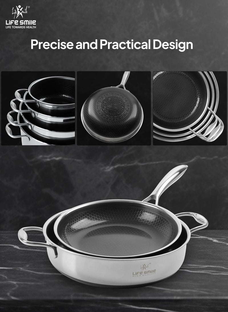 LIFE SMILE Hybrid Non Stick Pure 18/10 Stainless Steel Cookware Set - Cooking Set 12-Piece Honeycomb Ultra Non Stick Coating Cookwares, 100% PFOA Steel Pots, PTFE and PFAS Free Steel Cookware, Oven Safe Cooking Pots, Induction Base Pots and Pans Set