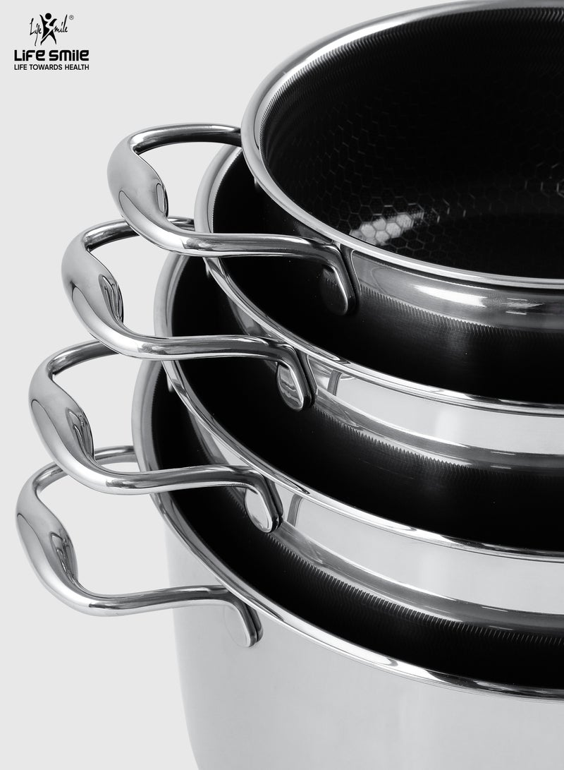 LIFE SMILE Hybrid Non Stick Pure 18/10 Stainless Steel Cookware Set - Cooking Set 12-Piece Honeycomb Ultra Non Stick Coating Cookwares, 100% PFOA Steel Pots, PTFE and PFAS Free Steel Cookware, Oven Safe Cooking Pots, Induction Base Pots and Pans Set