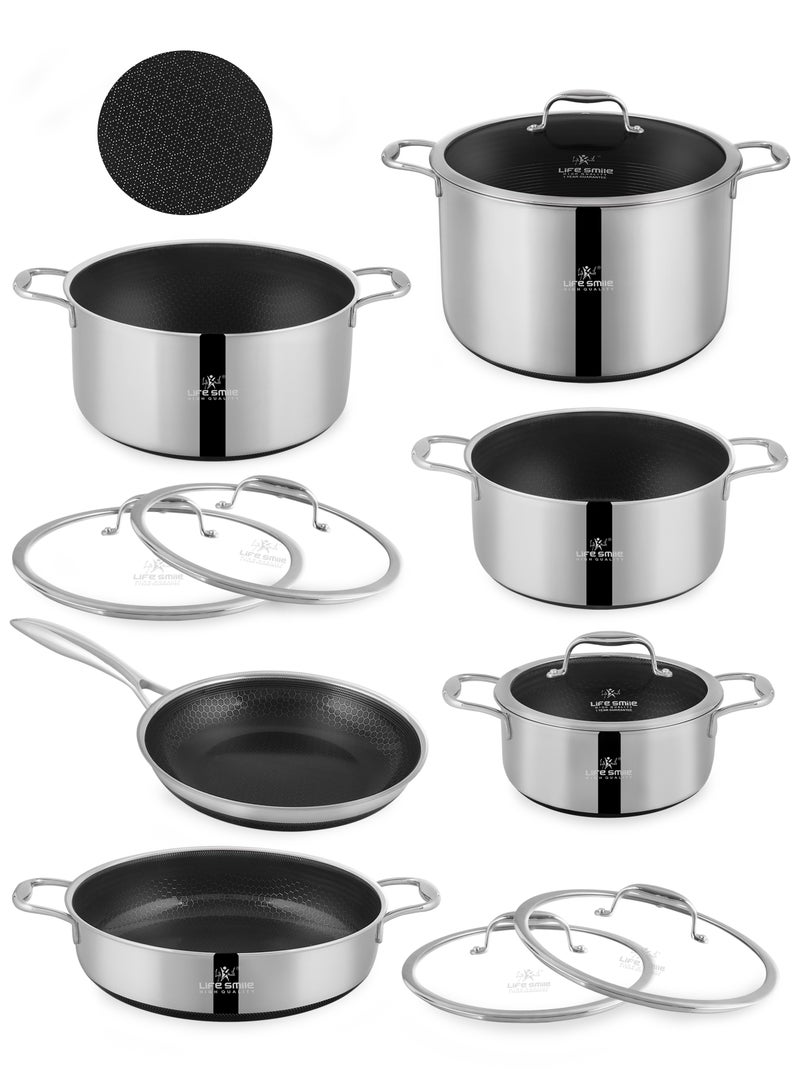 LIFE SMILE Hybrid Non Stick Pure 18/10 Stainless Steel Cookware Set - Cooking Set 12-Piece Honeycomb Ultra Non Stick Coating Cookwares, 100% PFOA Steel Pots, PTFE and PFAS Free Steel Cookware, Oven Safe Cooking Pots, Induction Base Pots and Pans Set