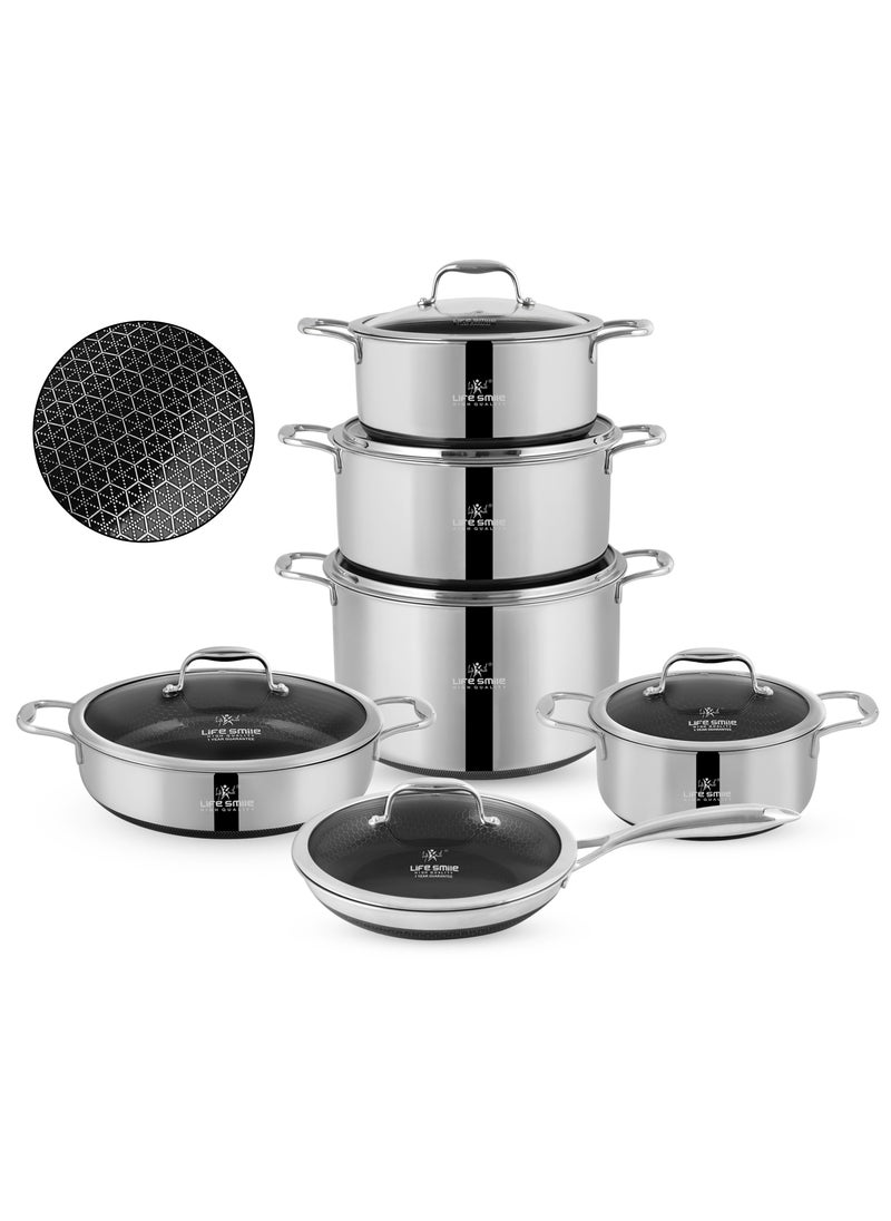 LIFE SMILE Hybrid Non Stick Pure 18/10 Stainless Steel Cookware Set - Cooking Set 12-Piece Honeycomb Ultra Non Stick Coating, 100% PFOA, PTFE and PFAS Free, Oven Safe, Induction Base Pots and Pans Set - pzsku/Z7C49DA3EF386008D2B8BZ/45/_/1739787810/94ab272f-8898-4d71-b7b2-3647315f95c2