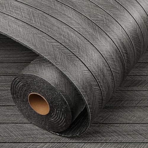 LaCheery Fluted Slat Wood Wall Panels Peel and Stick Black Gray Herringbone Wooden Panels for Interior Wall Decor 3d Flexible Self Adhesive Foam PVC Panel Roll Bedroom Bathroom Walls Covering 11.8x79" - Image 1