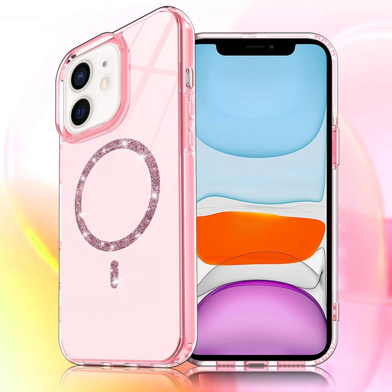 erorex For iPhone 11 Transparent MagSafe Glitter Powder Acrylic Phone Case(Pink) - Image 1