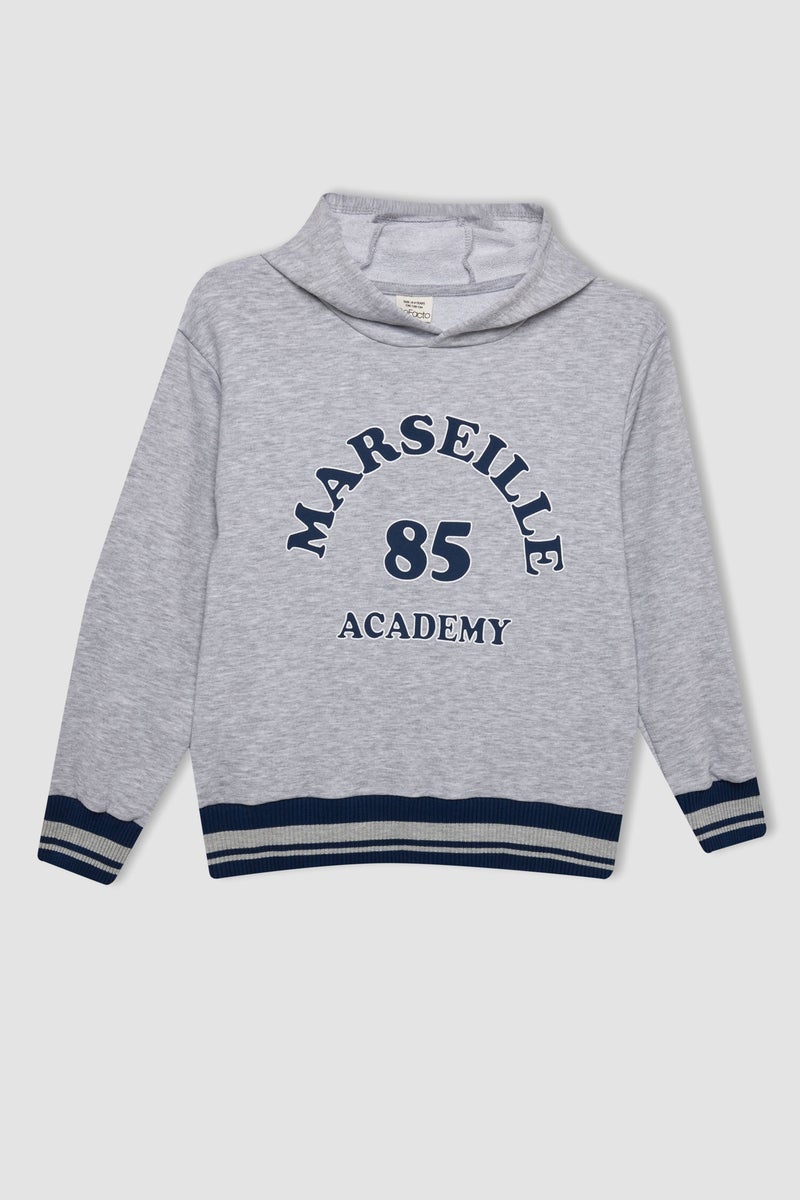 DeFacto Grey Boy Boy Text Printed Hooded Thick Sweatshirt Casual - Image 1