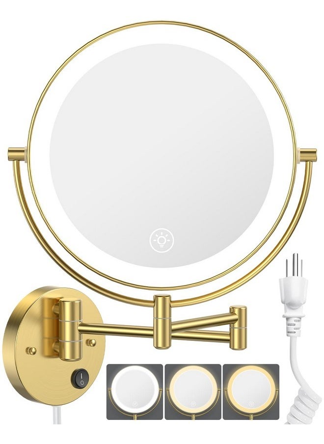 Benbilry 9” Wall Mounted Lighted Makeup Vanity Mirror With 3 Color Dimmable Lights, Super Large 1X/10X Magnifying Double Sided Led Cosmetic Mirror, 360° Swivel Extendable Round Shaving Mirror Gold  - Image 1