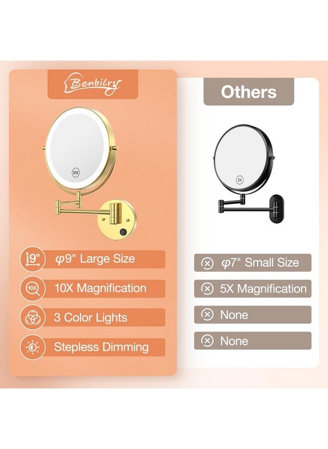 Benbilry 9” Wall Mounted Lighted Makeup Vanity Mirror With 3 Color Dimmable Lights, Super Large 1X/10X Magnifying Double Sided Led Cosmetic Mirror, 360° Swivel Extendable Round Shaving Mirror Gold  - Image 5