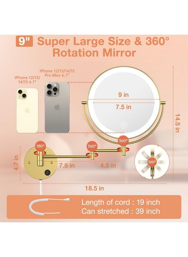 Benbilry 9” Wall Mounted Lighted Makeup Vanity Mirror With 3 Color Dimmable Lights, Super Large 1X/10X Magnifying Double Sided Led Cosmetic Mirror, 360° Swivel Extendable Round Shaving Mirror Gold  - Image 2