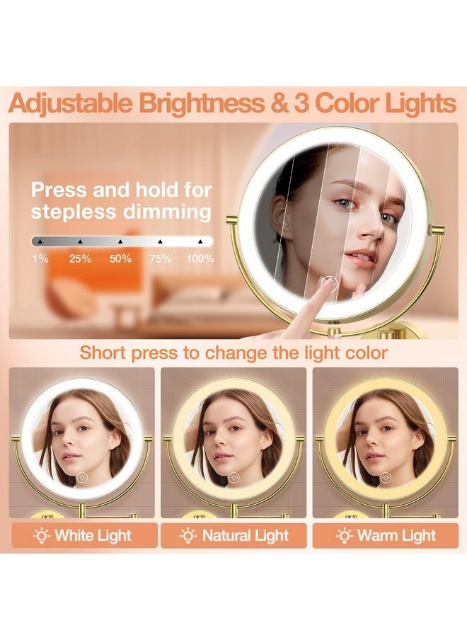 Benbilry 9” Wall Mounted Lighted Makeup Vanity Mirror With 3 Color Dimmable Lights, Super Large 1X/10X Magnifying Double Sided Led Cosmetic Mirror, 360° Swivel Extendable Round Shaving Mirror Gold  - Image 4