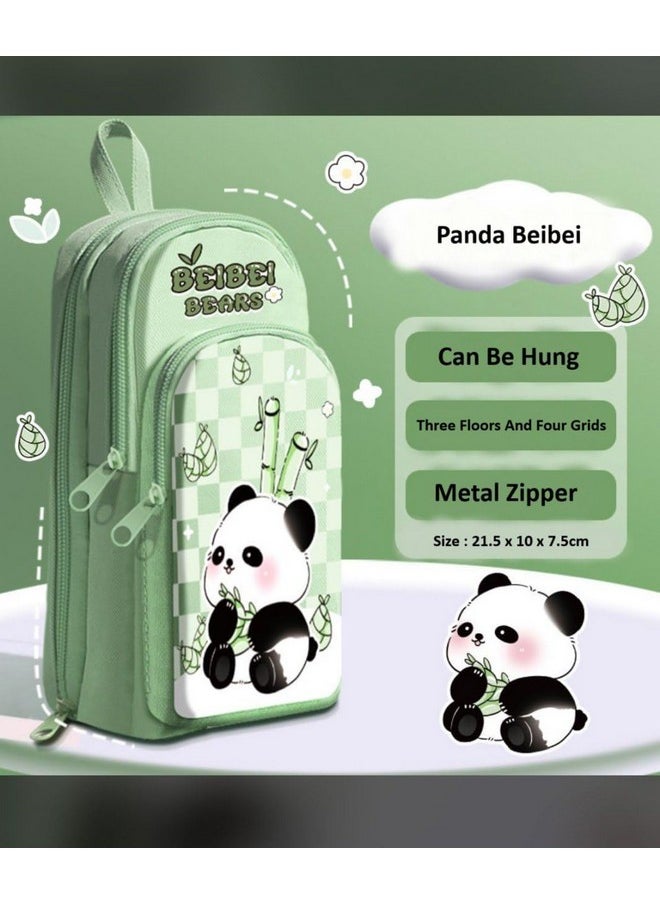 Prime Deals - PRIME DEALS Canvas Premium Pencil Case Hang able 6 Layer with 3 Compartment Cute Aesthetic Pencil Case for Girls Large Capacity Pencil Pouch for Kids Cute Stationary Gift for Kids (Panda Green) - Image 1
