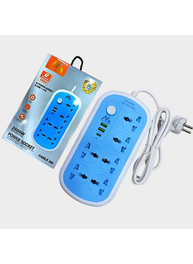 X060 6-Socket Power Strip with 2 USB + 1 Type-C – Multi-Device Charging & Power