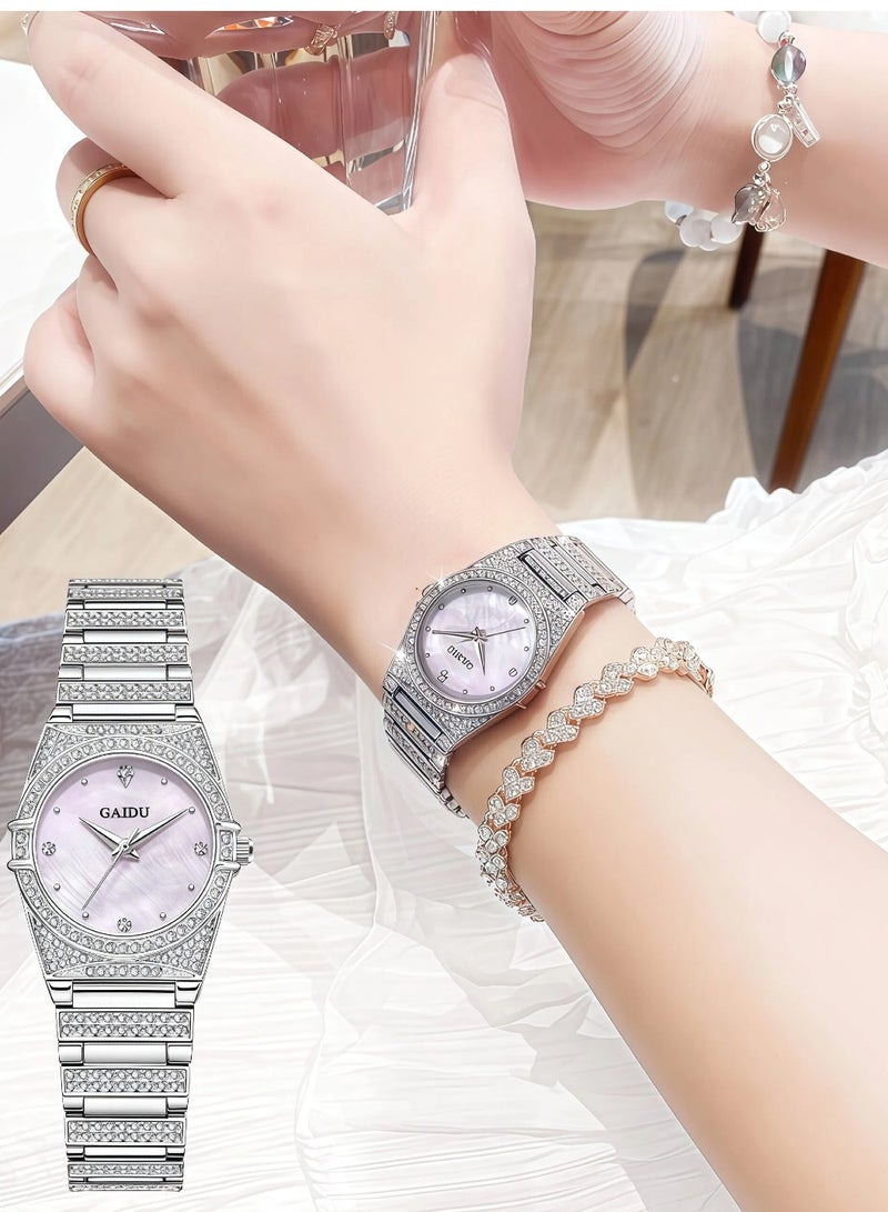 GAIDU Star Series Full Diamond Women Wrist Watch, Natural Shell Dial Quartz Watch, 30M Waterproof Stainless Steel Rhinestone Ladies Dress Watch for Daily Party Gift - Image 1