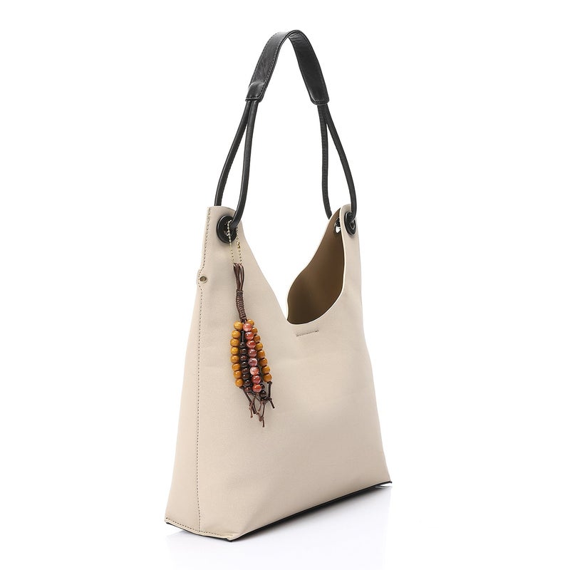 Mr.joe Hobo Shoulder Bag with Beaded Charm - Beige - Image 2