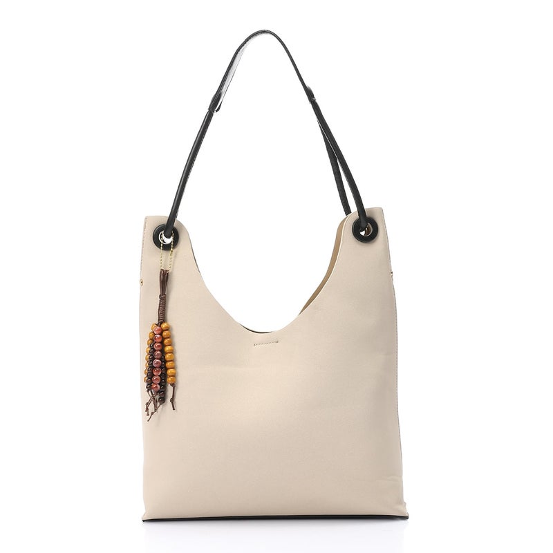 Mr.joe Hobo Shoulder Bag with Beaded Charm - Beige - Image 1