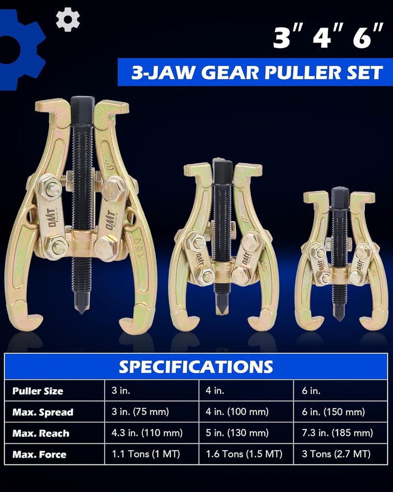 Orion Motor Tech 3 Jaw Gear Puller Set - 3" 4" 6" Heavy Duty Bearing Puller Tool Kit - Image 2
