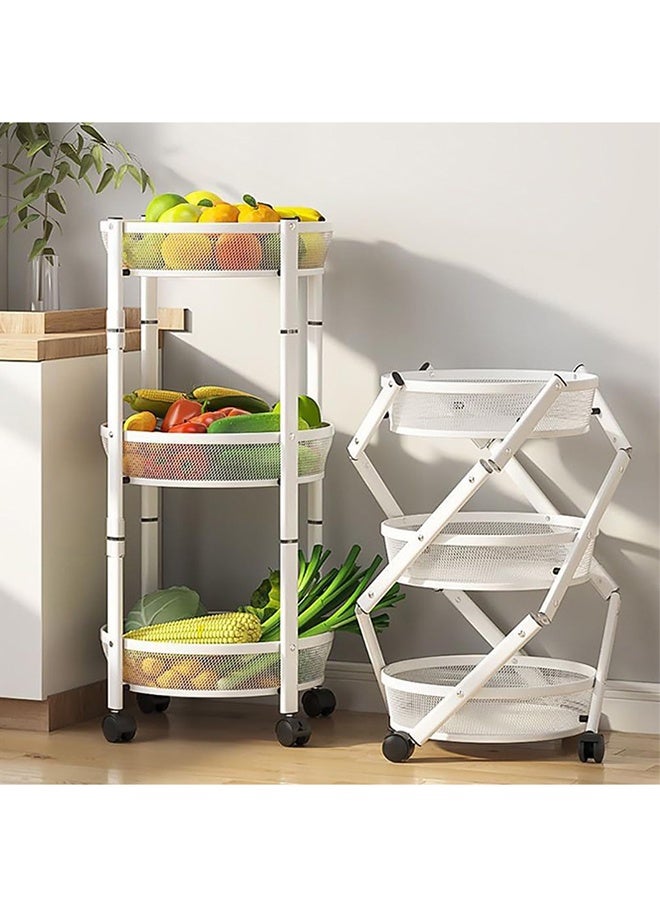 RollsTimi  3-Tier Foldable Storage Cart, Rolling Fruit Vegetable Basket Stand with 3 Metal Mesh Baskets, Kitchen Rolling Storage Basket on Wheels for Pantry, Dining Room, Living Room,White - Image 2