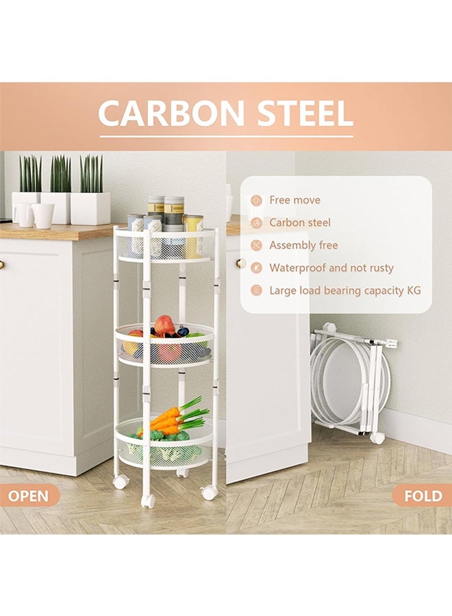 RollsTimi  3-Tier Foldable Storage Cart, Rolling Fruit Vegetable Basket Stand with 3 Metal Mesh Baskets, Kitchen Rolling Storage Basket on Wheels for Pantry, Dining Room, Living Room,White - Image 4