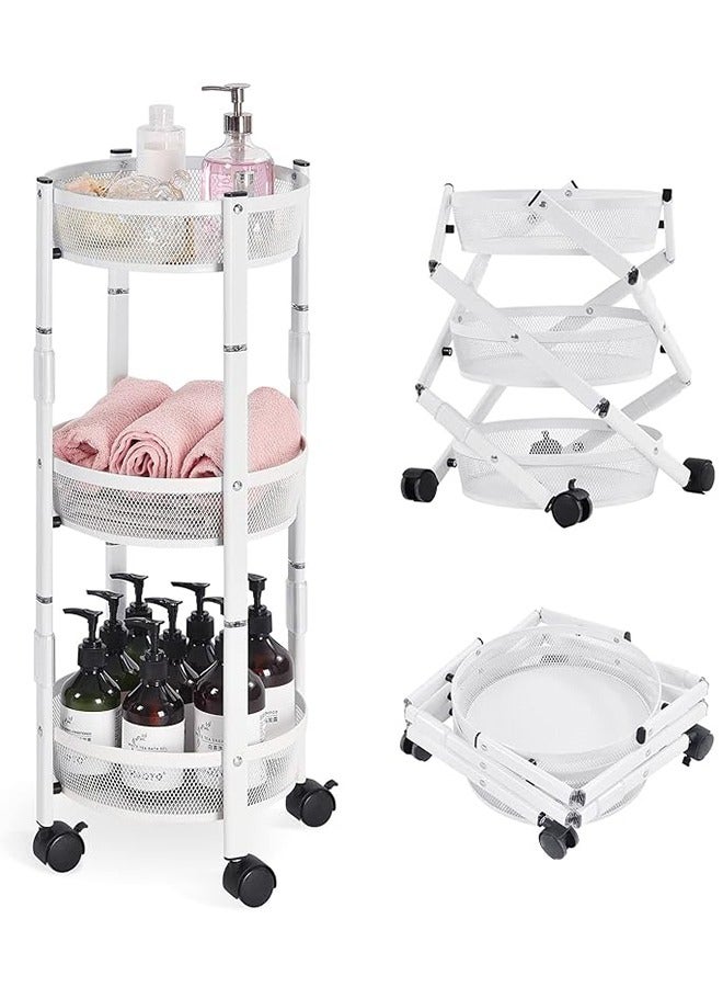 RollsTimi  3-Tier Foldable Storage Cart, Rolling Fruit Vegetable Basket Stand with 3 Metal Mesh Baskets, Kitchen Rolling Storage Basket on Wheels for Pantry, Dining Room, Living Room,White - Image 1