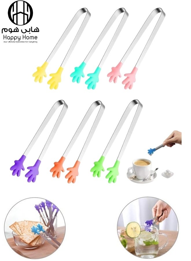Happy Home 6 Pieces Mini Food Tongs – 5-Inch Stainless Steel Small Serving Tongs with Colorful Hand-Shaped Silicone Tips for Ice Cubes, Fruits, Sugar, Candy, Appetizers, Pastries, Olives, Buffet, Desserts, BBQ, Kitchen, Coffee Station, Party, and Everyday Use - Image 1