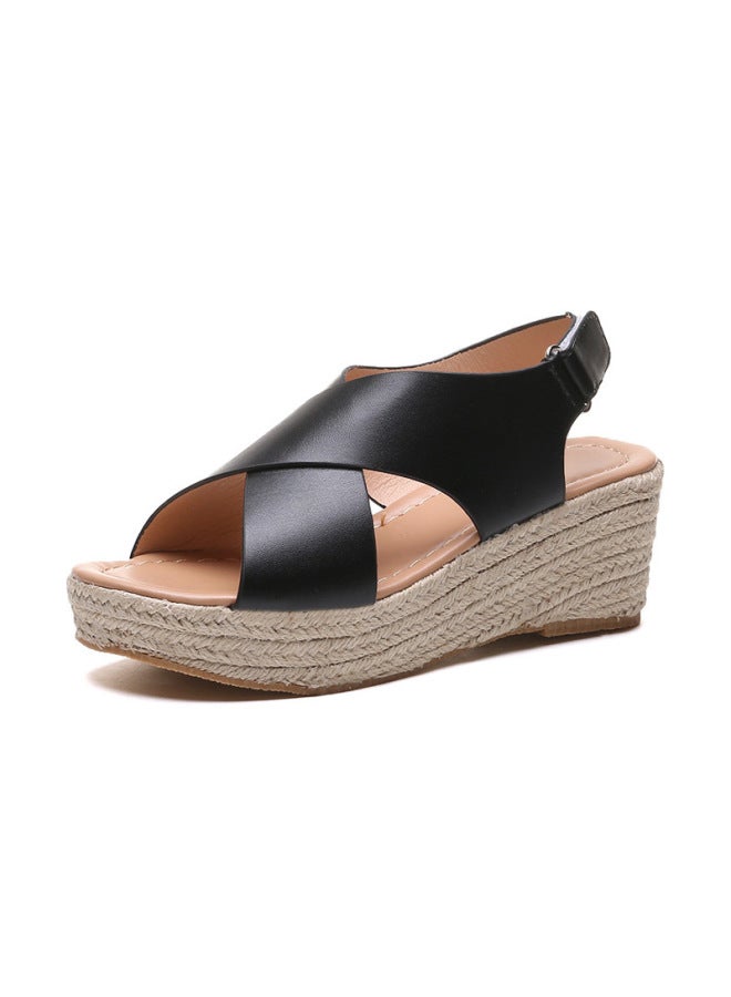 Large Size Wedge Sandals For Women European And American Style Straw Rope Open-toe Roman Sandals, Cross-strap Peep-toe Women's Sandals