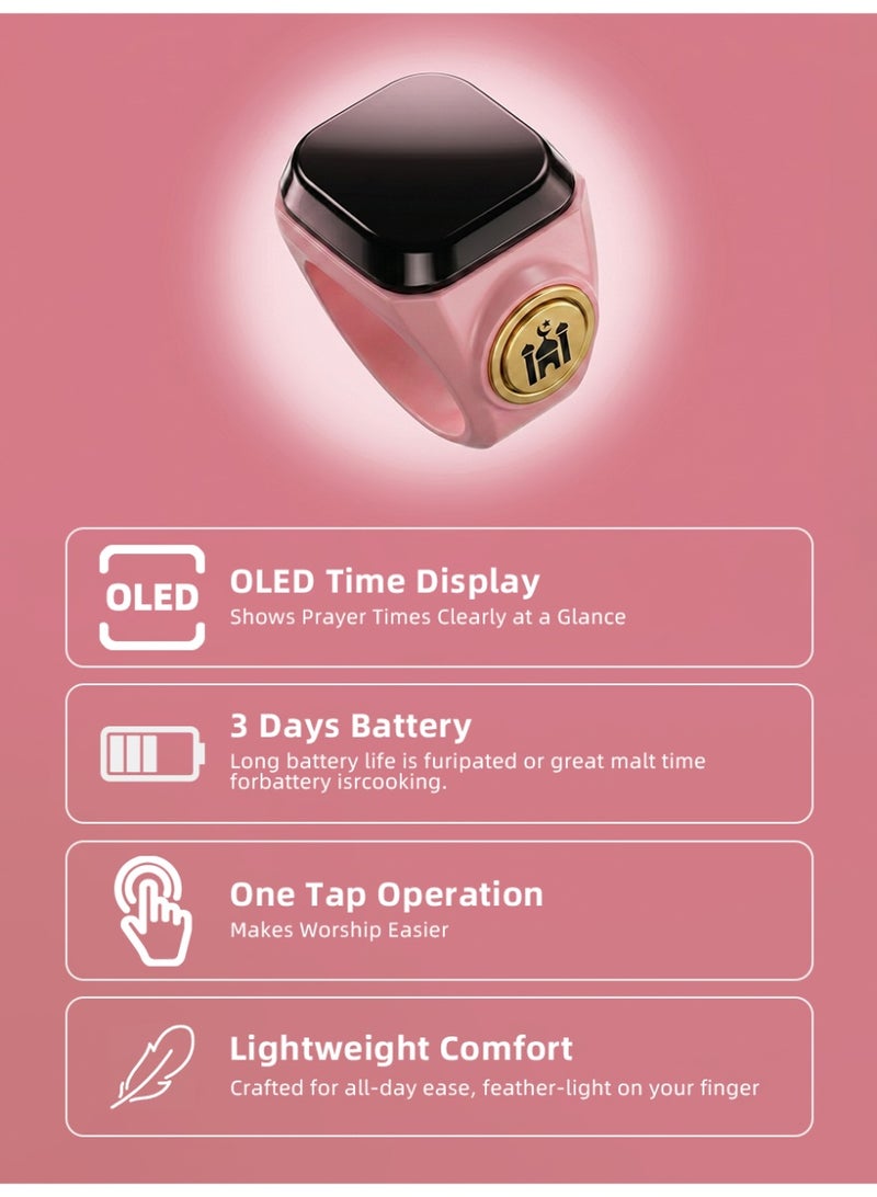 Slema Salam Smart Tasbih Ring Digital Tasbeeh Counter Ring Islamic Prayer Counter 99999 Count Zikr Tracker Prayer Reminder Long Battery Life Lightweight Smart Prayer Ring（pink） - Image 3