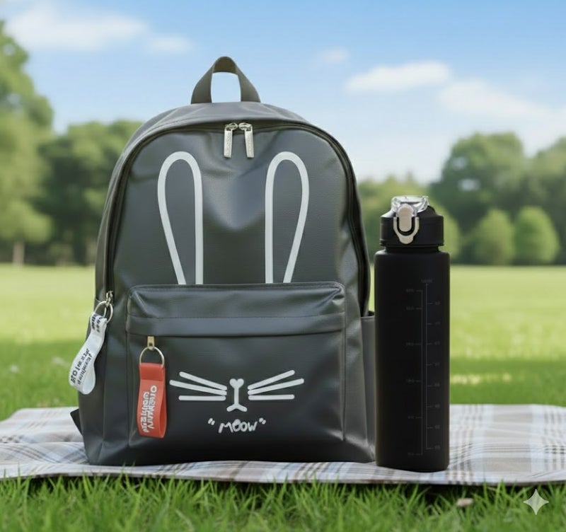MINDFIT Bunny-Ear Cat Backpack Set - Matte Black for Kids - Image 2