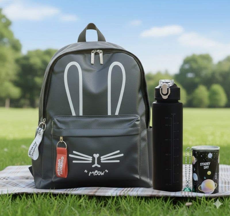 MINDFIT Bunny-Ear Cat Backpack Set - Matte Black for Kids - Image 1