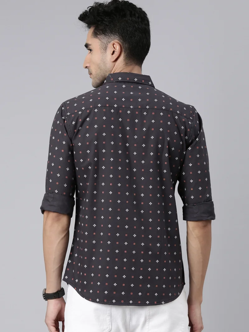 جوفن قميص رجالي قطني كاجوال بطبعة رمادي داكن