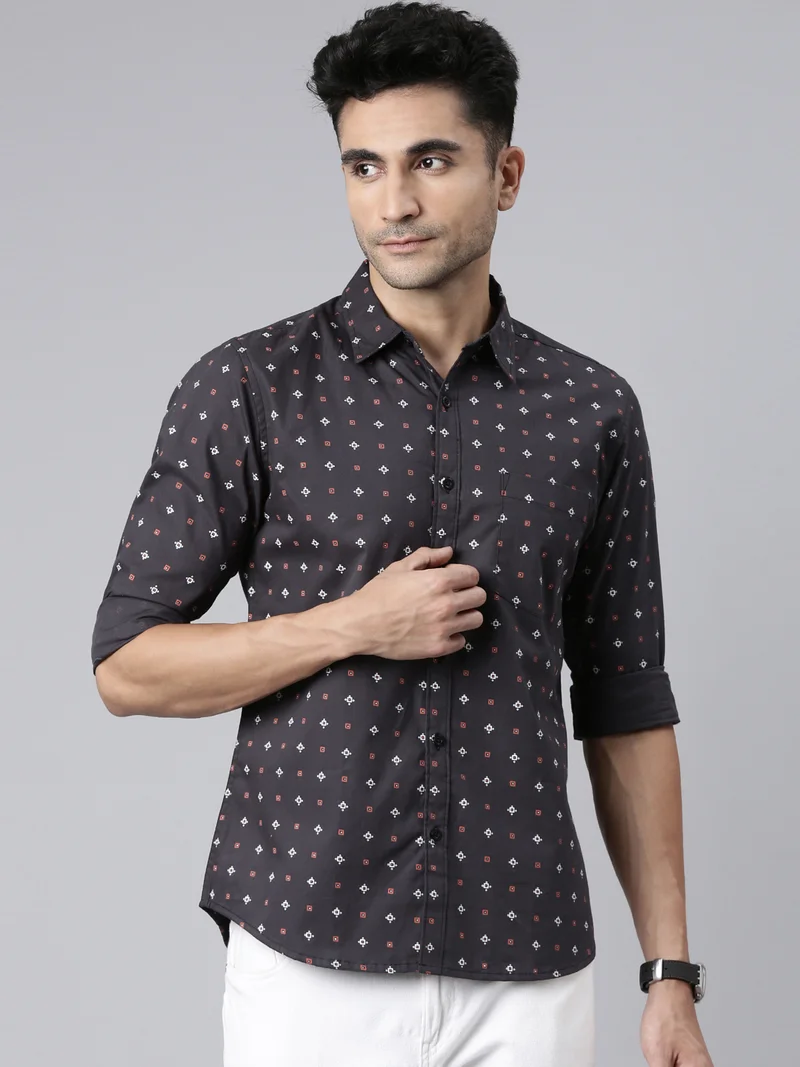 جوفن قميص رجالي قطني كاجوال بطبعة رمادي داكن