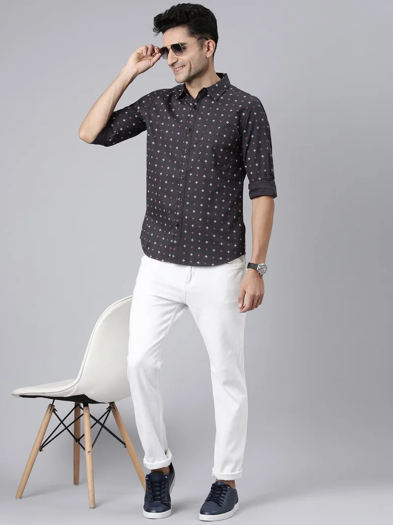 Joven  Dark Grey Printed Cotton Casual Shirt for Men for Men | Best Price UAE